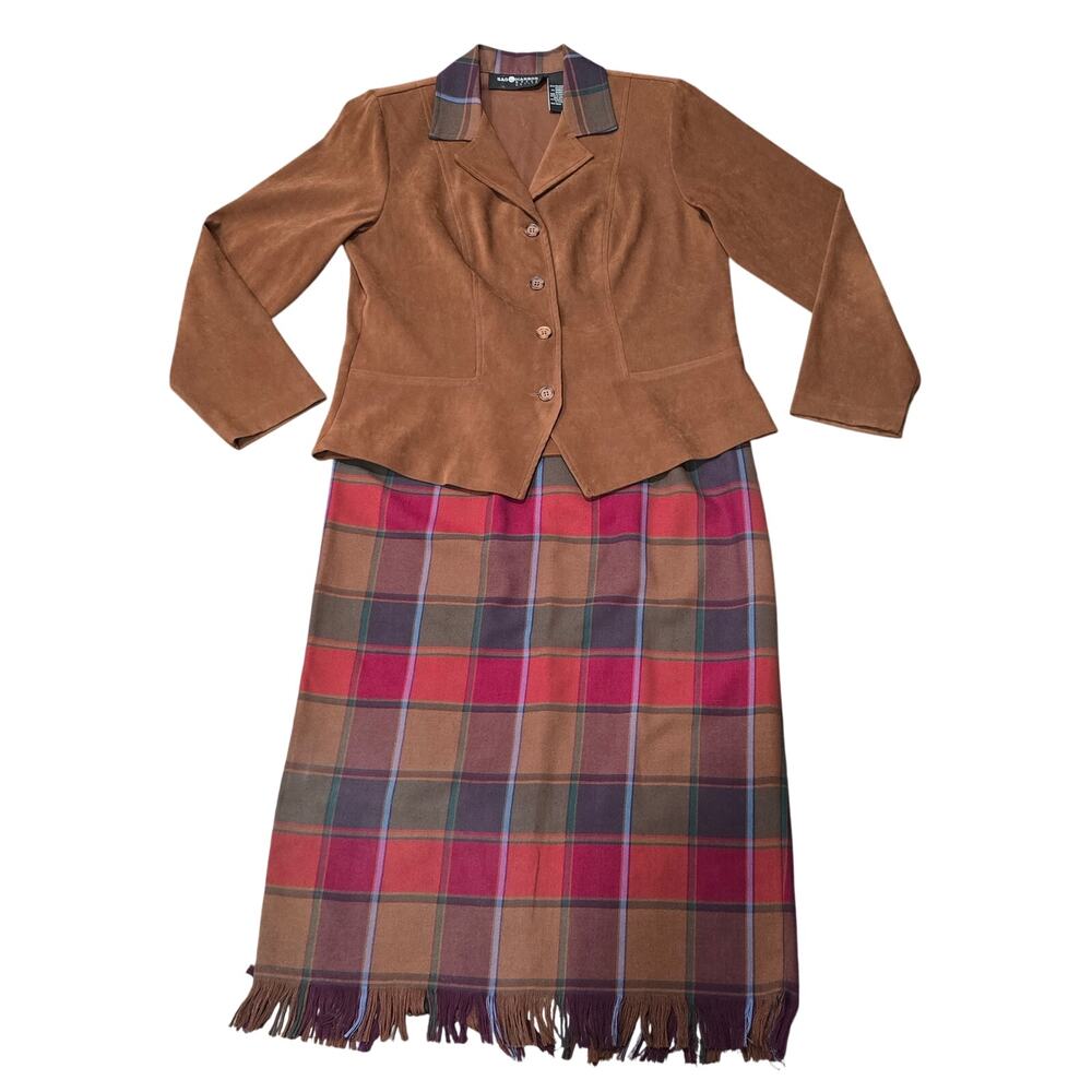 Vintage Sag Harbor Faux Suede Blazer Jacket & Matching Colorful Plaid Skirt 90s